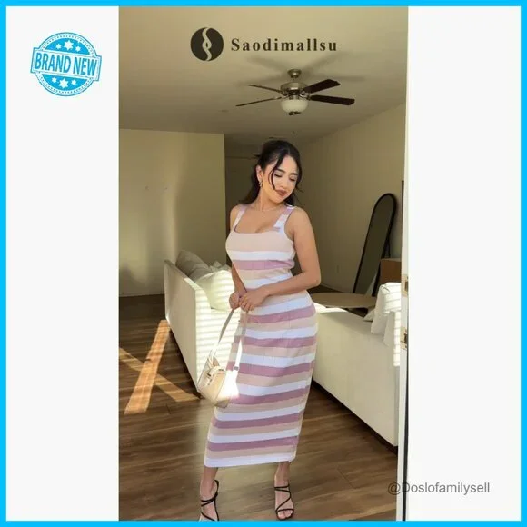 Striped Bodycon Midi Dress Sleeveless Square Neck Knit Summer Chic Casual - Picture 6 of 7